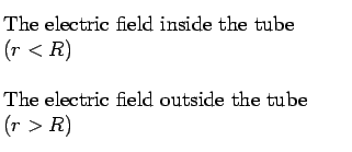 $\textstyle \parbox{2.75in}{\raggedright
~\\ The electric field inside the tube ($r<R$)
\\ ~\\ The electric field outside the tube ($r>R$)
}$