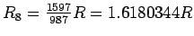 $R_8 = {1597\over987}R = 1.6180344 R$