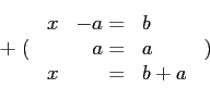 \begin{displaymath}\begin{array}[t]{c} ~ \\ + \; ( \\ ~ \end{array} \begin{array . . . 
 . . .  \\ b+a \end{array} \begin{array}[t]{c} ~ \\ ) \\ ~ \end{array}\end{displaymath}